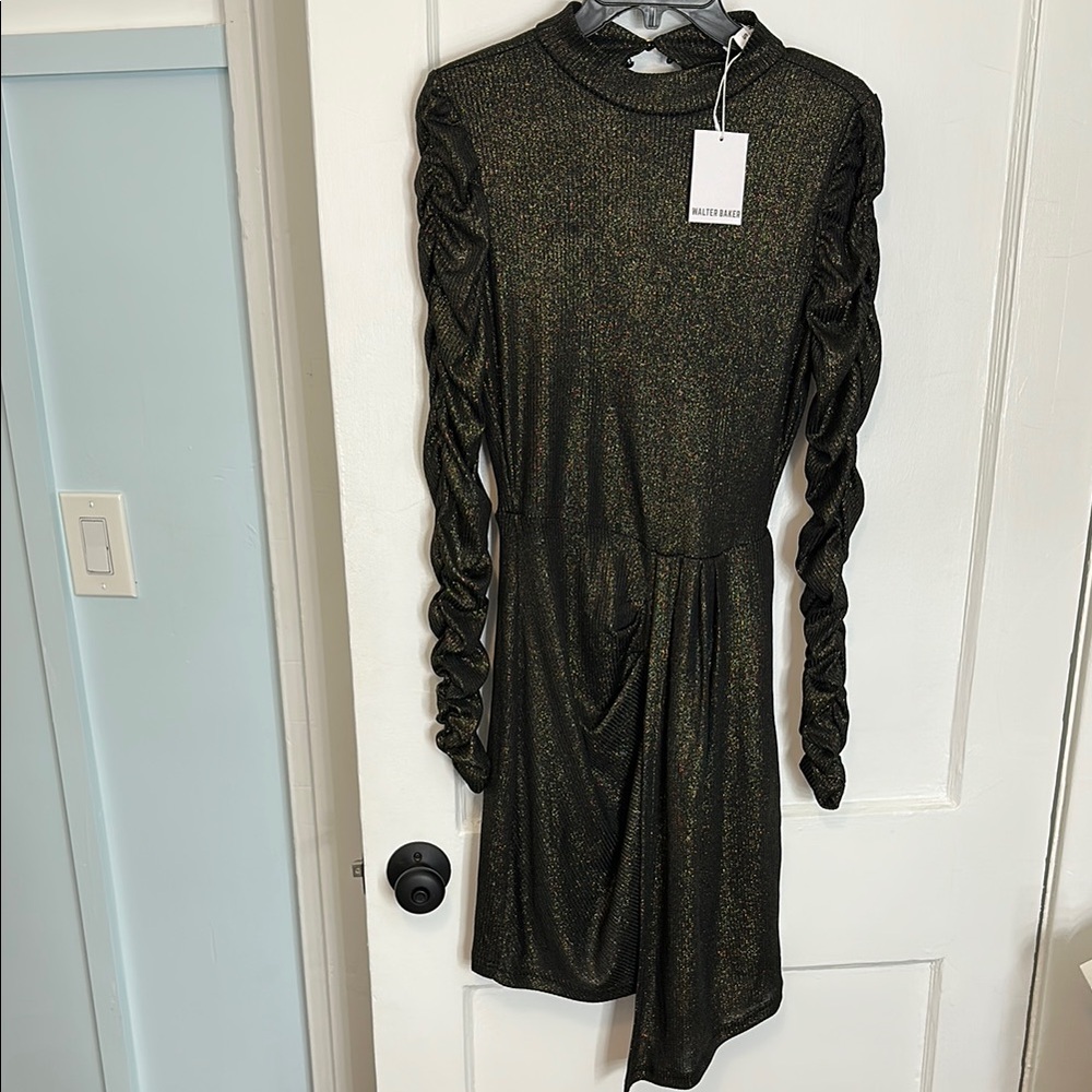 Walter Baker Black Metallic Ruched-Sleeve Cocktail Dress